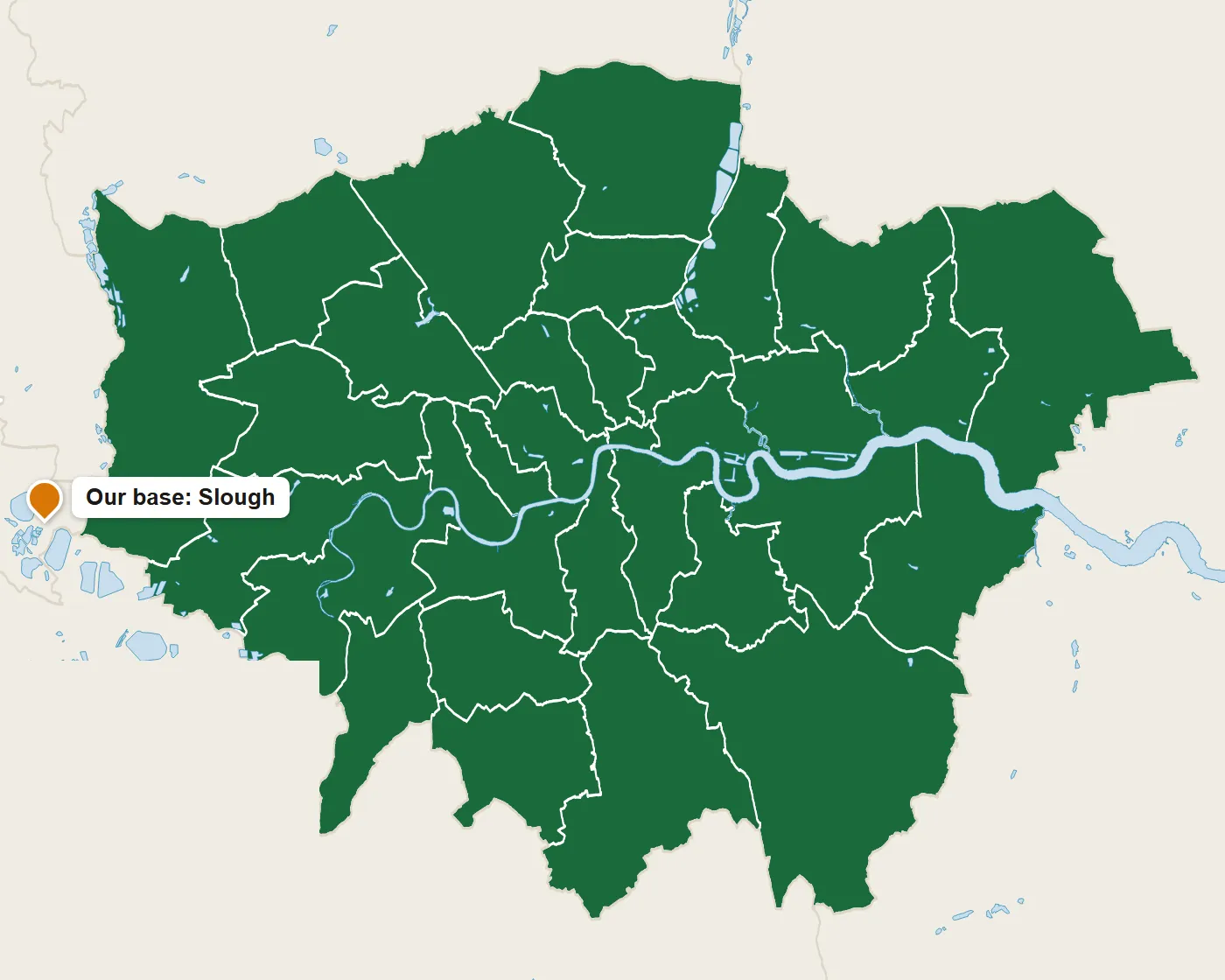 Map of Greater London with every borough we collect from highlighted green, and our Slough base marked